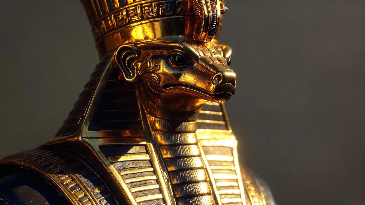 Golden uraeus cobra symbol on ancient Egyptian pharaoh's crown representing royal power and protection