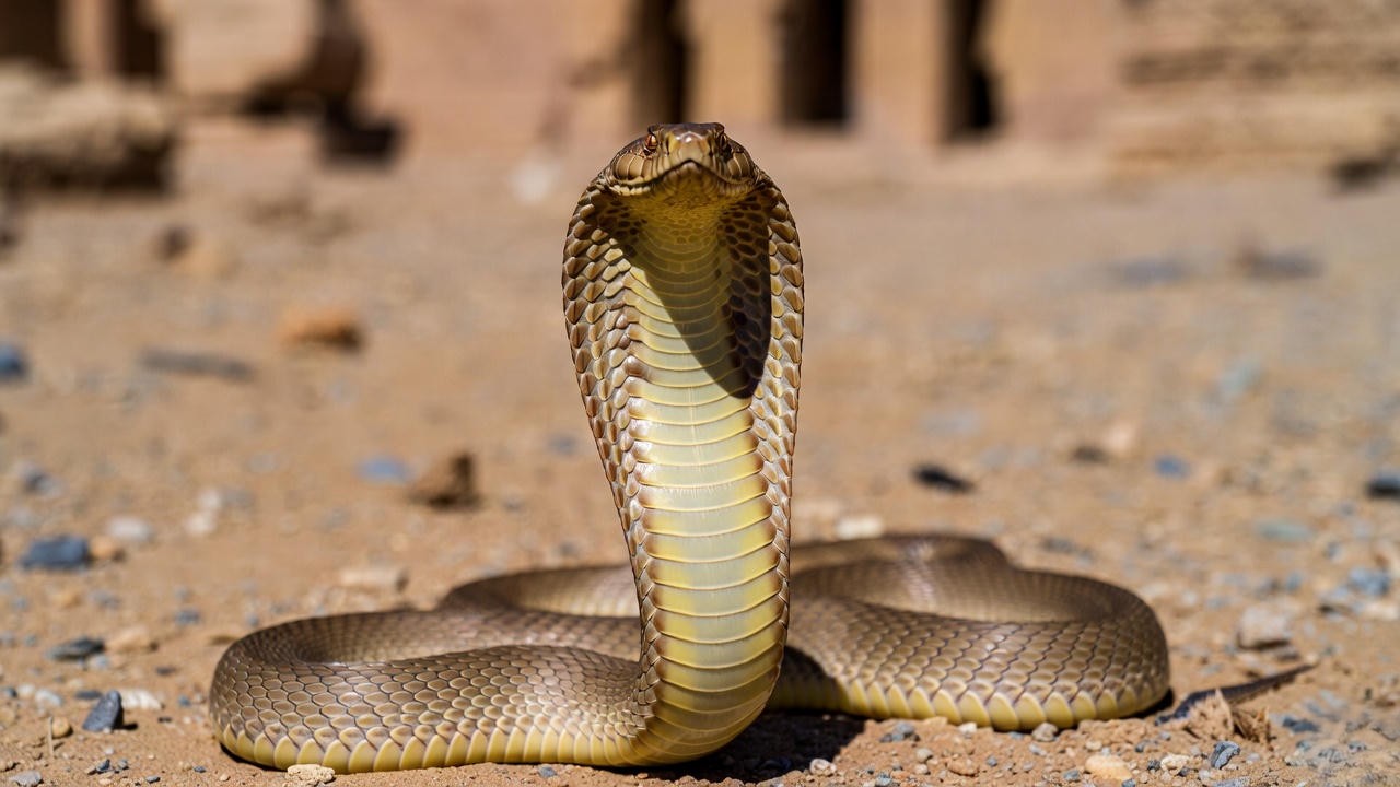 Venomous Egyptian cobra asp snake close-up, historically linked to Cleopatra's death myth
