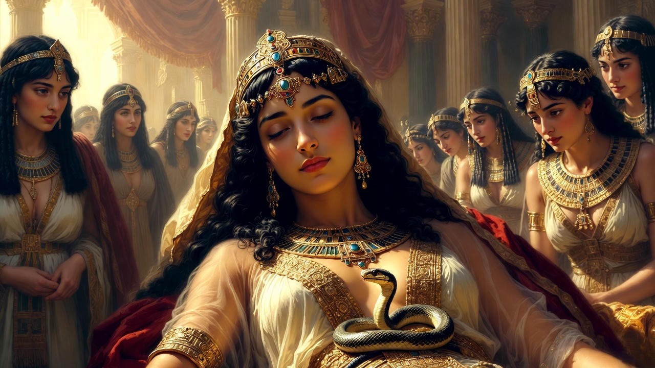 Classical painting of Cleopatra's death with asp snake symbolizing tragic suicide