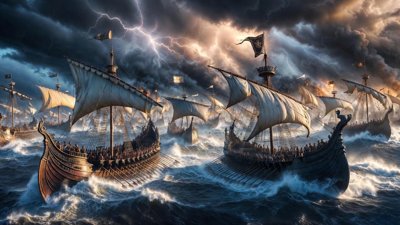 Dramatic illustration of the Battle of Actium leading to Antony and Cleopatra's defeat