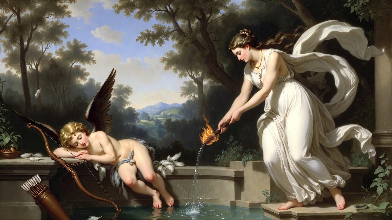 Renaissance painting of sleeping Cupid with nymph quenching his torch in a fountain, illustrating Shakespeare's Sonnets 153 and 154 mythology