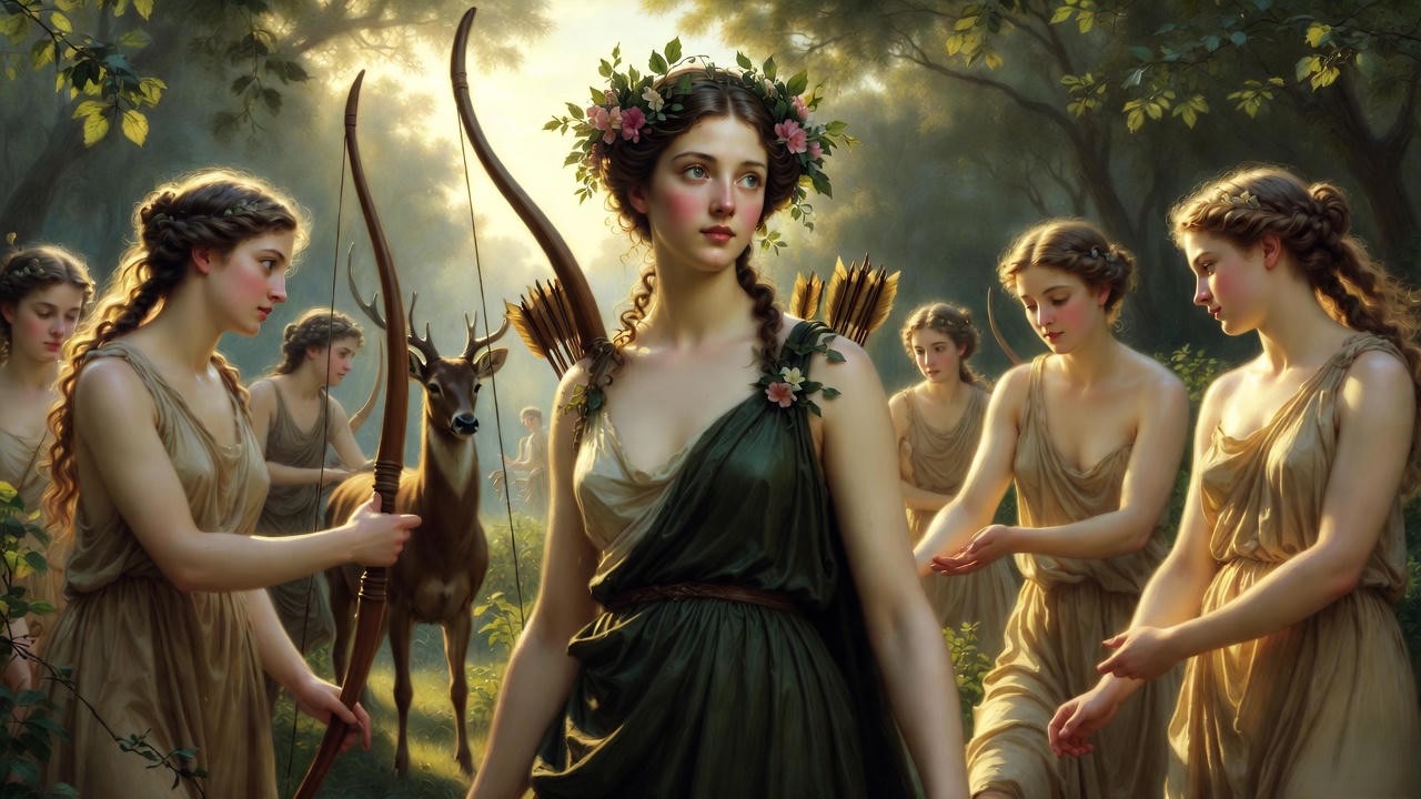 Classical painting of Diana and her nymphs in a forest, representing chastity's failed attempt against Cupid in Shakespeare's sonnets