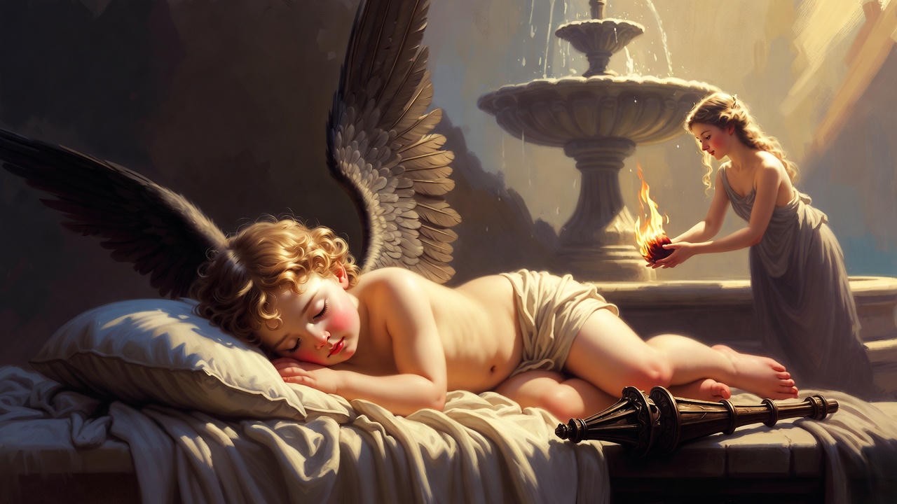 Classical depiction of sleeping Cupid disarmed by approaching nymph, central to Cupid a captive theme in Shakespeare's sonnets