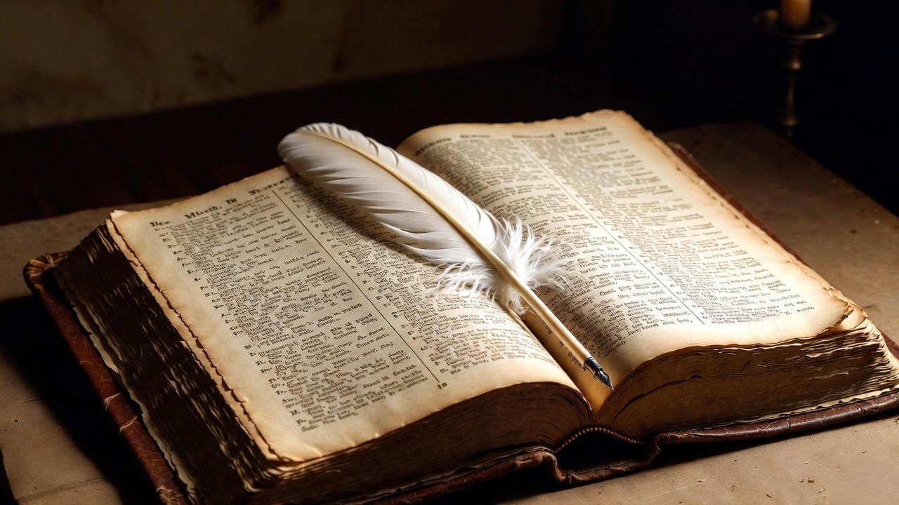 Antique dictionary open with quill pen, illustrating antonyms of last in modern English like first