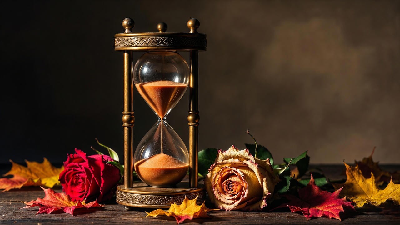 Hourglass with blooming and wilting roses and autumn leaves, symbolizing first and last in Shakespeare's themes of time and mortality