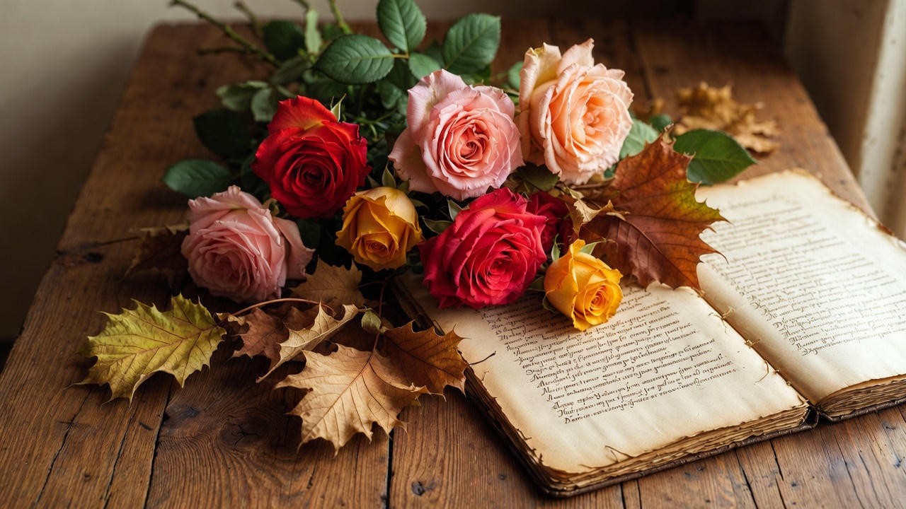 Blooming roses with decaying leaves and manuscript, illustrating first youth and last decay in Shakespeare's sonnets