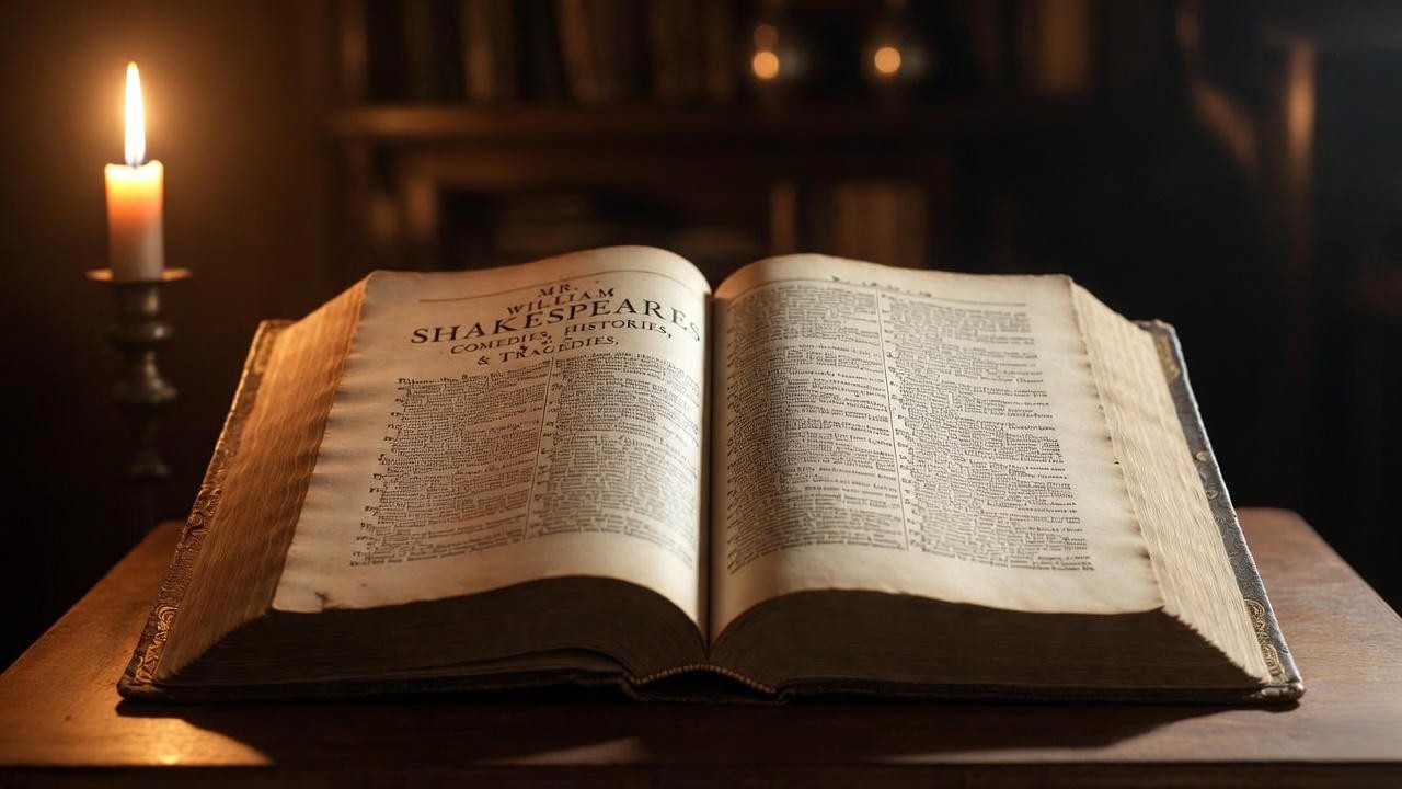 Open First Folio Shakespeare book by candlelight, representing authentic textual analysis of first and last opposites