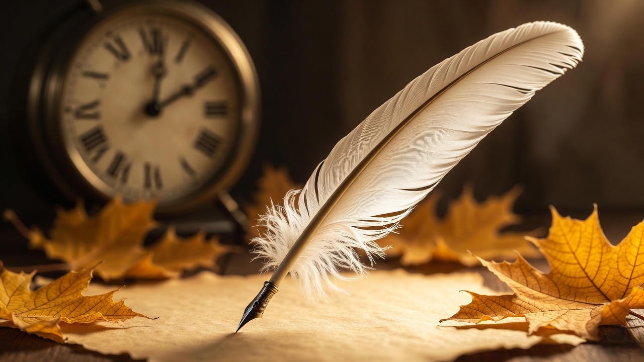 Quill pen writing on parchment with autumn leaves and clock, symbolizing Shakespeare's profound insights on last antonyms and time
