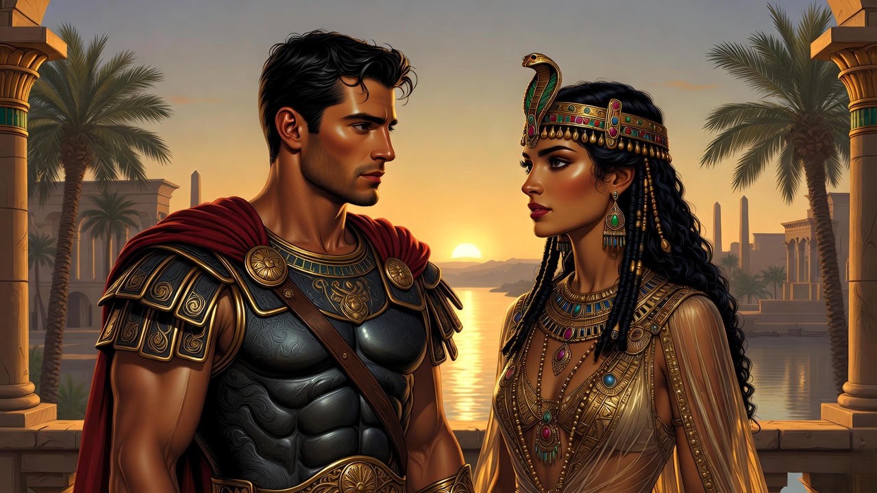 Mark Antony and Cleopatra in passionate embrace, heart of Shakespeare's tragic love story.