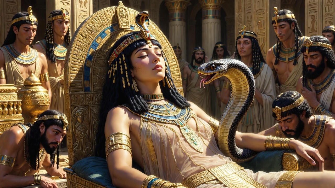 Cleopatra's majestic suicide by asp, transcendent ending in Antony and Cleopatra.