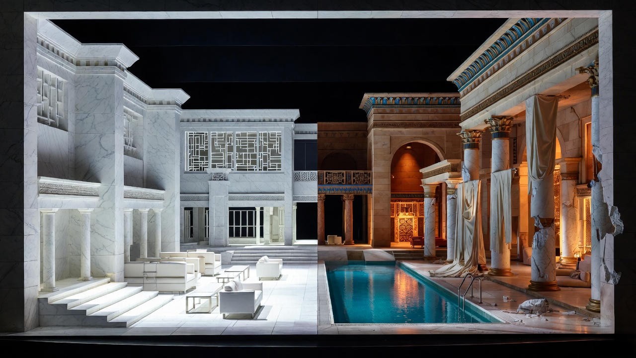 Revolving stage set contrasting Rome and Egypt in National Theatre Antony & Cleopatra production