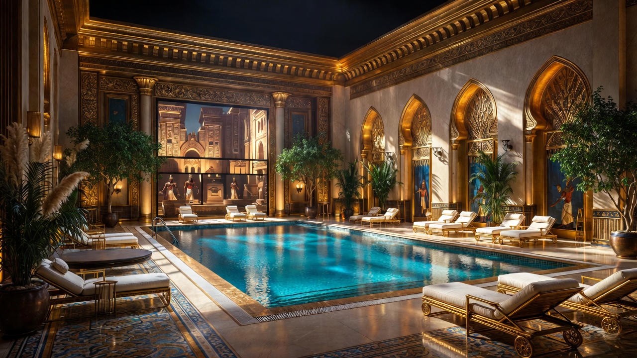 Opulent Egyptian palace set with swimming pool in National Theatre Live Antony & Cleopatra