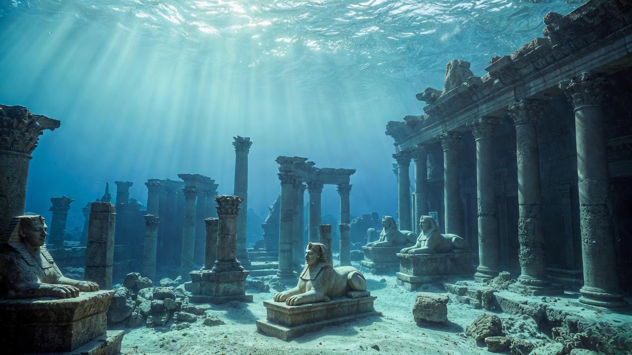 Submerged ruins of ancient Alexandria harbor, potential site of Cleopatra and Antony's lost tomb.