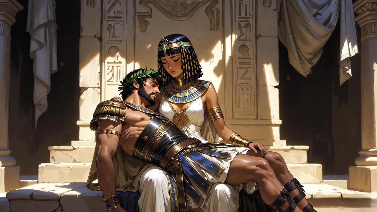 Dramatic depiction of Antony's death in Cleopatra's arms from Shakespeare's Antony and Cleopatra, symbolizing their shared tomb.