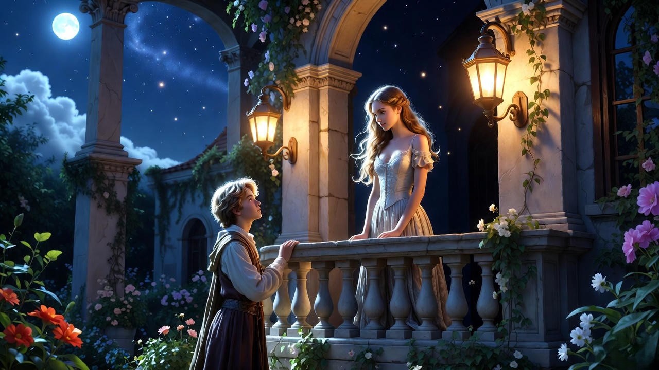 Iconic balcony scene from Shakespeare's Romeo and Juliet depicting young lovers Romeo and Juliet