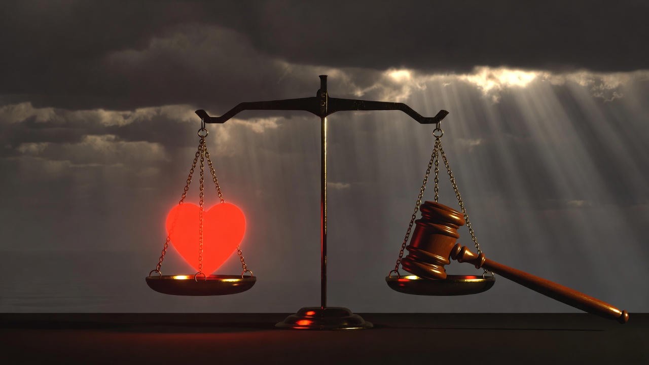 Scales of justice balanced with a heart and gavel symbolizing Romeo and Juliet law controversies