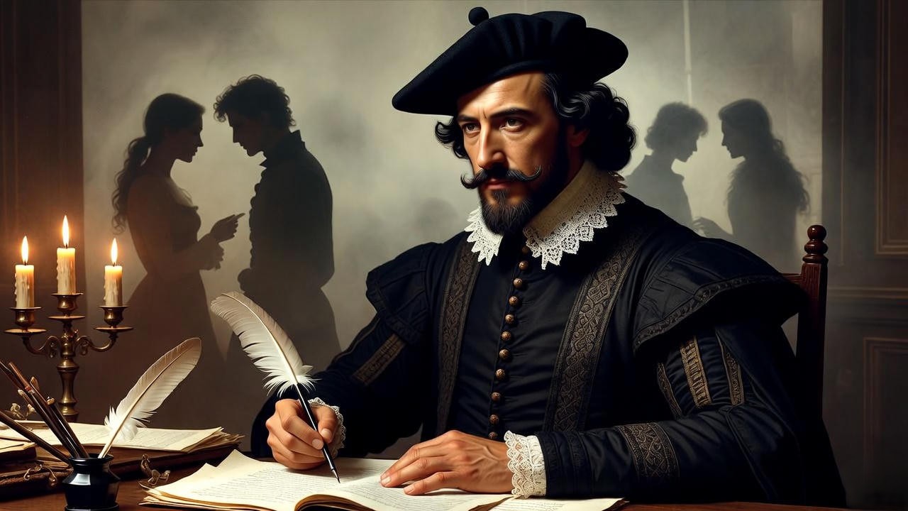 William Shakespeare portrait with subtle Romeo and Juliet themes representing literary influence on modern law