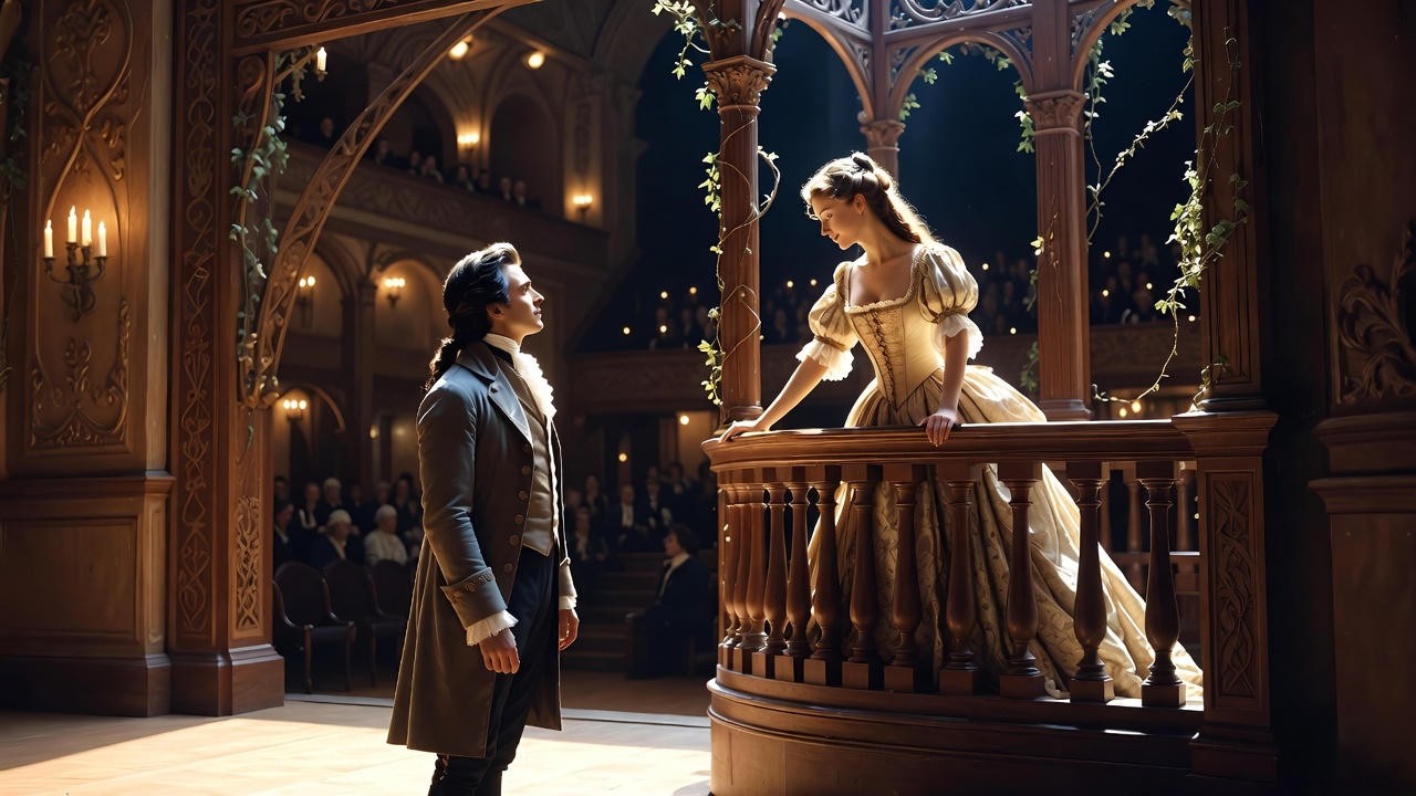 18th-century theatrical depiction of Romeo and Juliet balcony scene from David Garrick's adaptation.