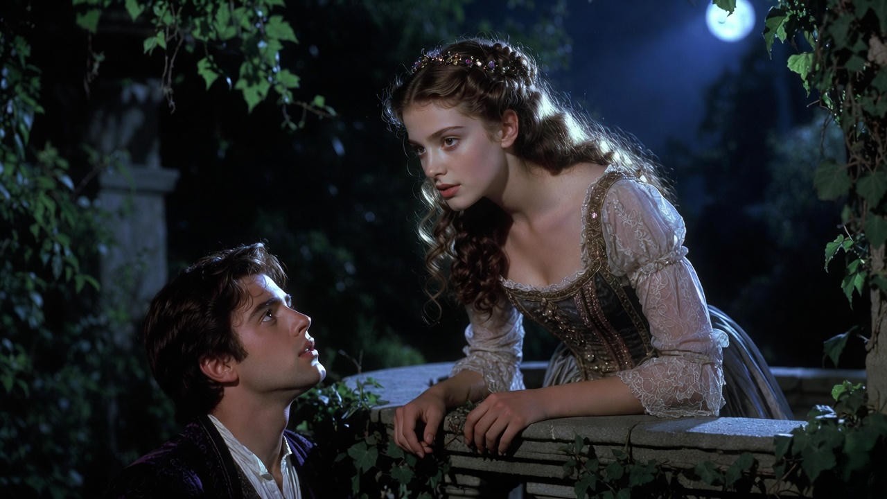 Iconic balcony scene from Franco Zeffirelli's 1968 Romeo and Juliet film with ivy-covered balcony.