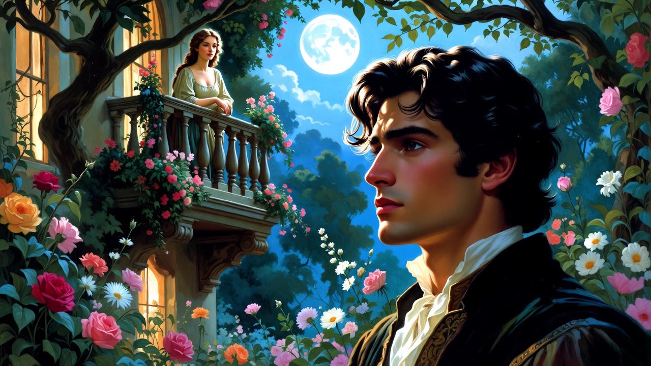 19th-century romantic painting of Romeo and Juliet balcony scene with moonlight and vines.