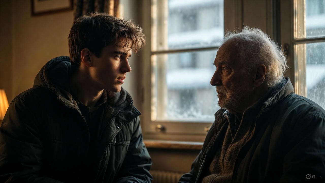 Young student interviewing elderly Vietnam veteran in The Life We Bury