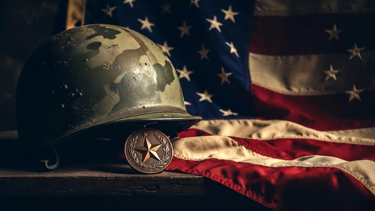 Vietnam War medal and helmet symbolizing themes in The Life We Bury