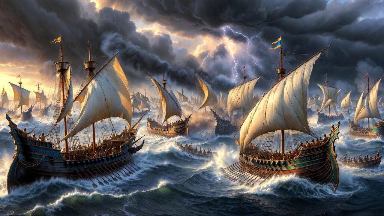 Dramatic depiction of the Battle of Actium in Shakespeare's Antony and Cleopatra, pivotal naval defeat of Antony and Cleopatra