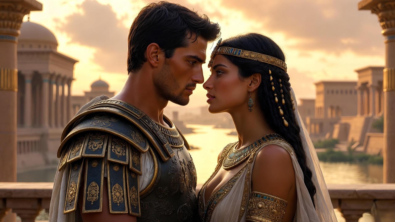 Mark Antony and Cleopatra in passionate embrace, illustrating their tragic love in Shakespeare's Roman tragedy