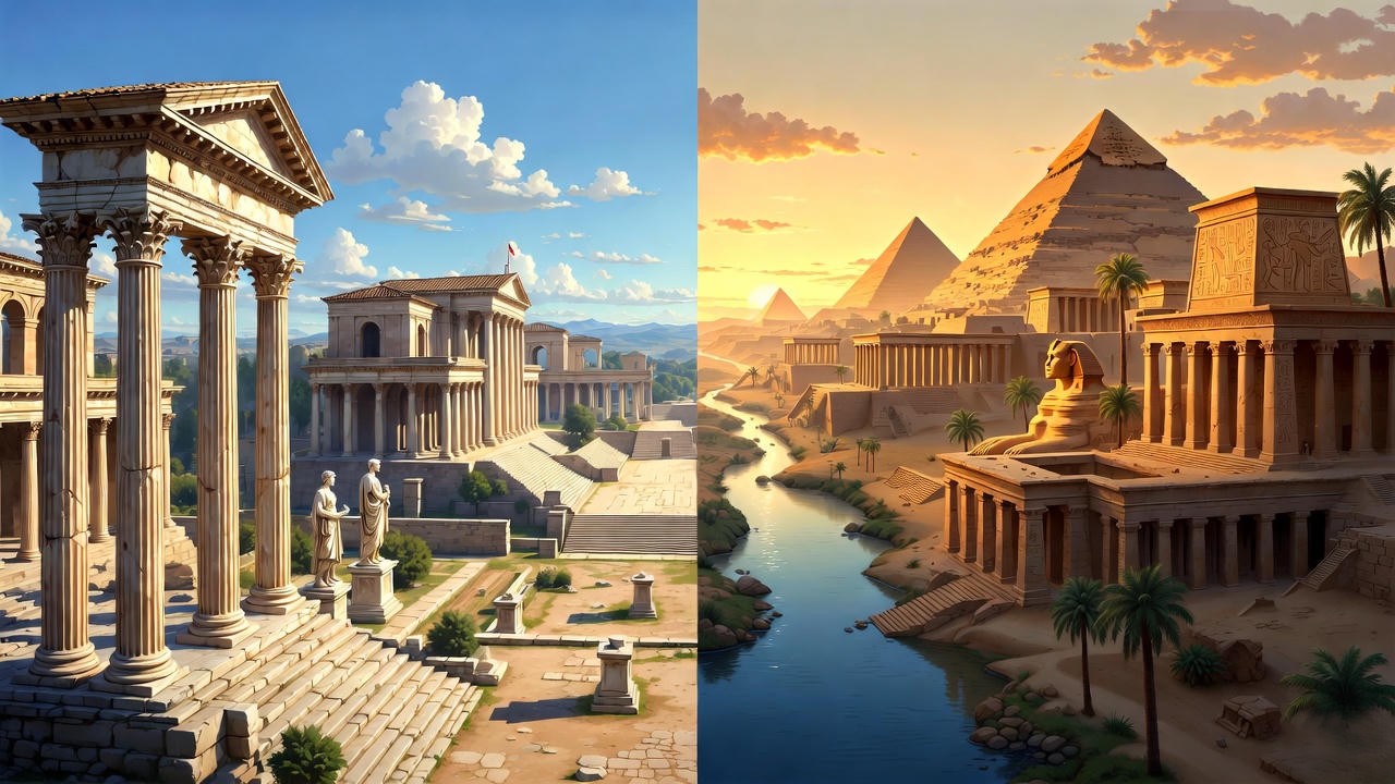 Symbolic contrast between Rome and Egypt in Shakespeare's Antony and Cleopatra, representing duty versus passion and empire versus decadence