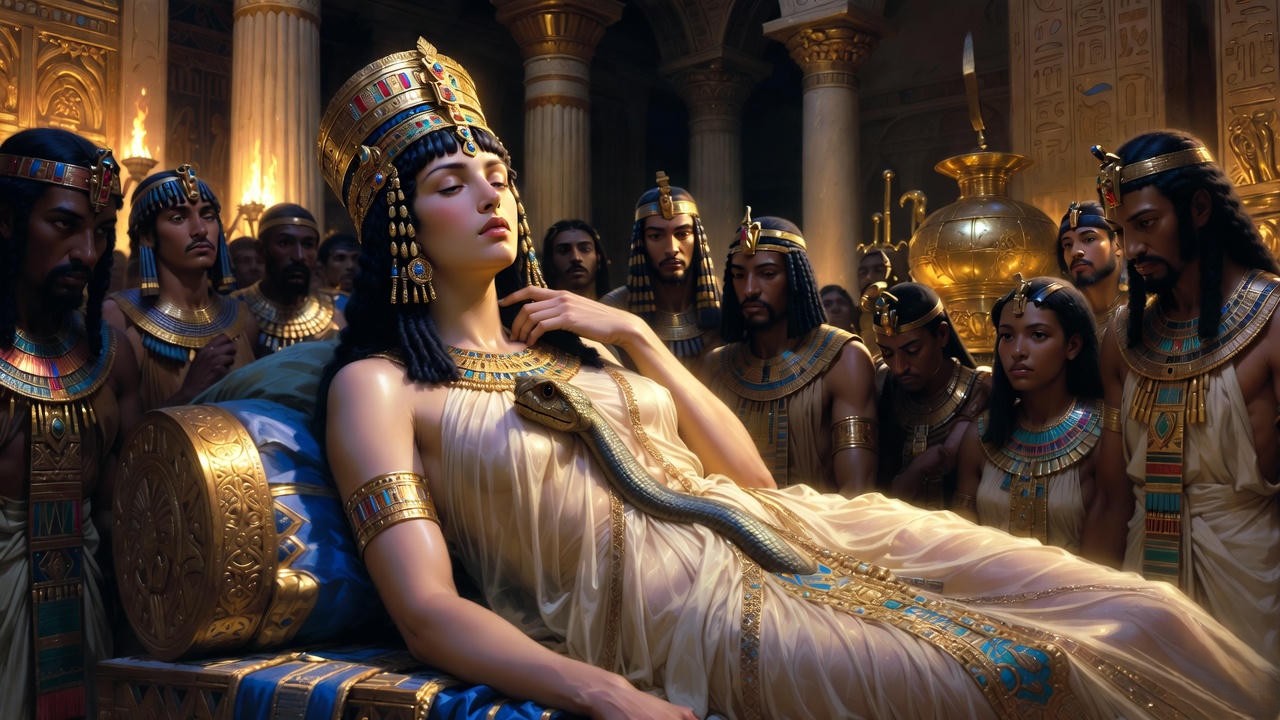 Cleopatra's monumental death by asp in Shakespeare's Antony and Cleopatra, capturing her defiant and immortal end