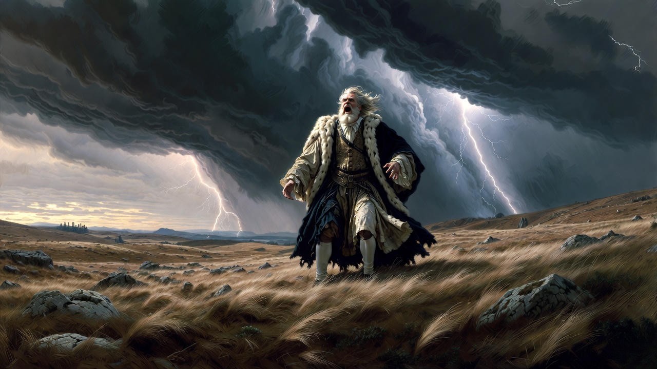 King Lear alone on the stormy heath, illustrating isolation as a milieu antonym in Shakespeare's tragedy.