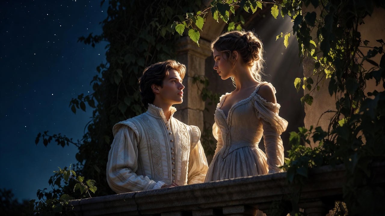 Romeo and Juliet balcony scene in moonlight depicting key plot moment in Shakespeare's tragedy