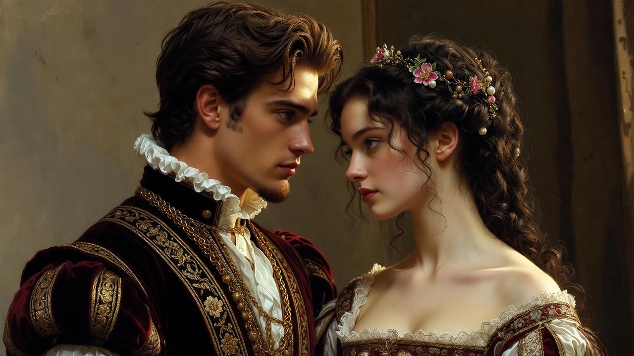Romeo and Juliet in Elizabethan costumes portrait showcasing character depth in Shakespeare's play