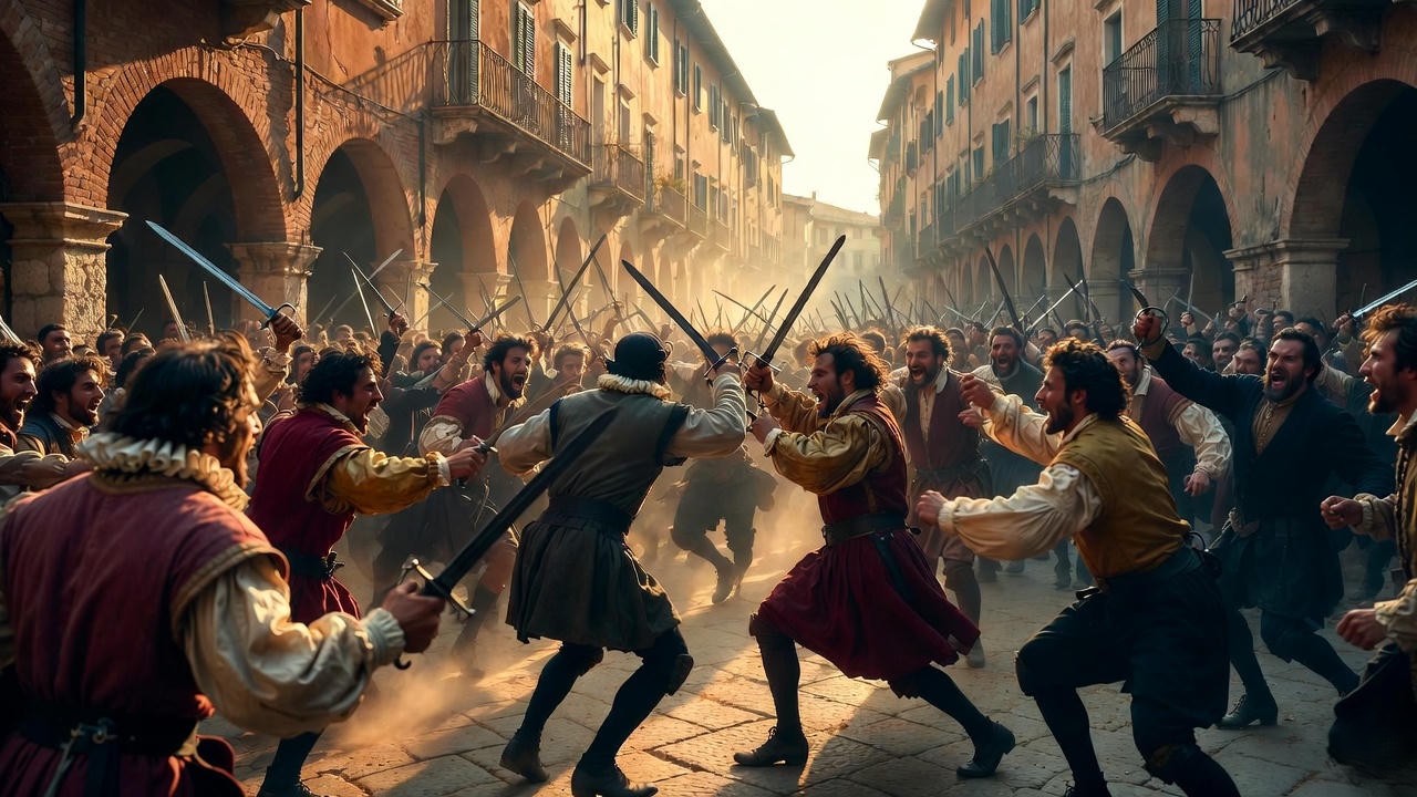 Chaotic street brawl in Verona illustrating the family feud in Romeo and Juliet, with nobles and servants fighting amid Renaissance architecture