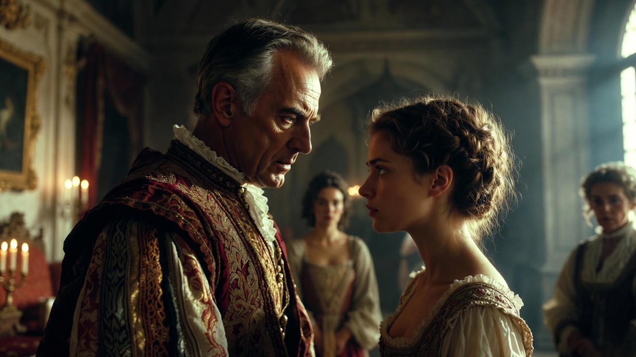 Lord Capulet angrily threatening Juliet in a Renaissance interior, highlighting patriarchal control in Romeo and Juliet