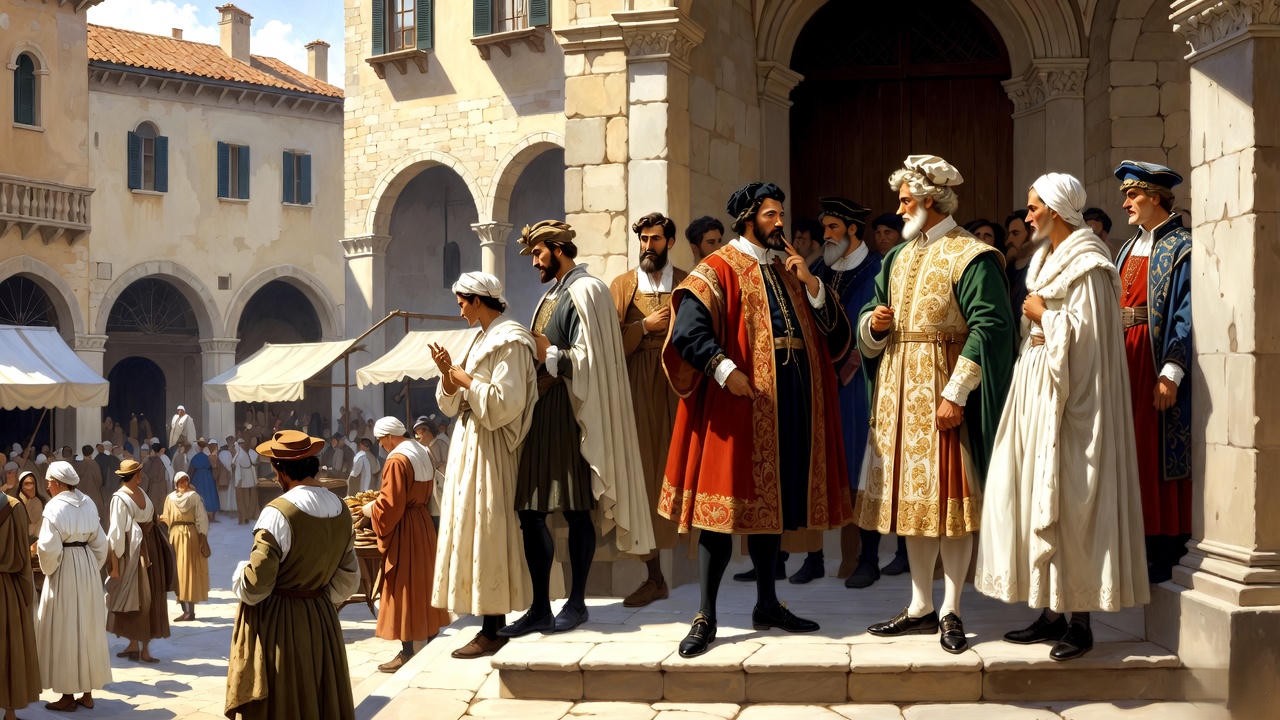 Renaissance Verona class divisions with nobles overlooking servants and apothecary, reflecting social hierarchy in Romeo and Juliet