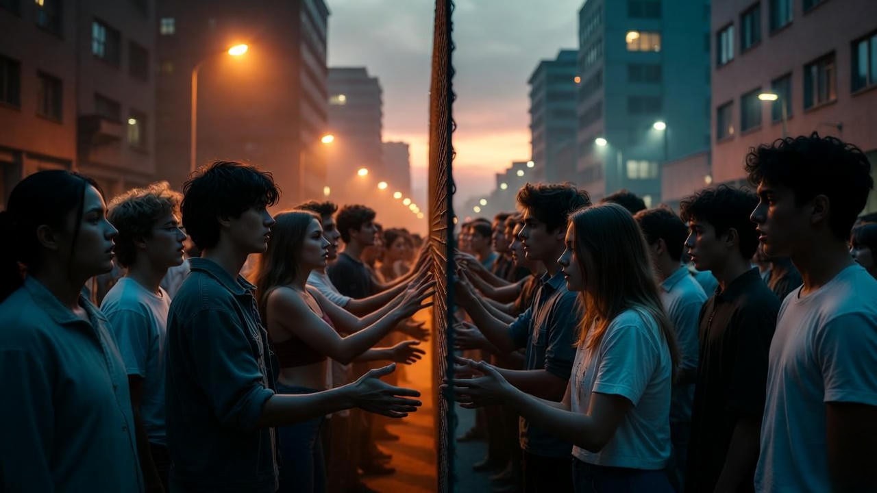 Modern interpretation of divided society and family feuds in Romeo and Juliet, showing rival groups in a contemporary urban setting