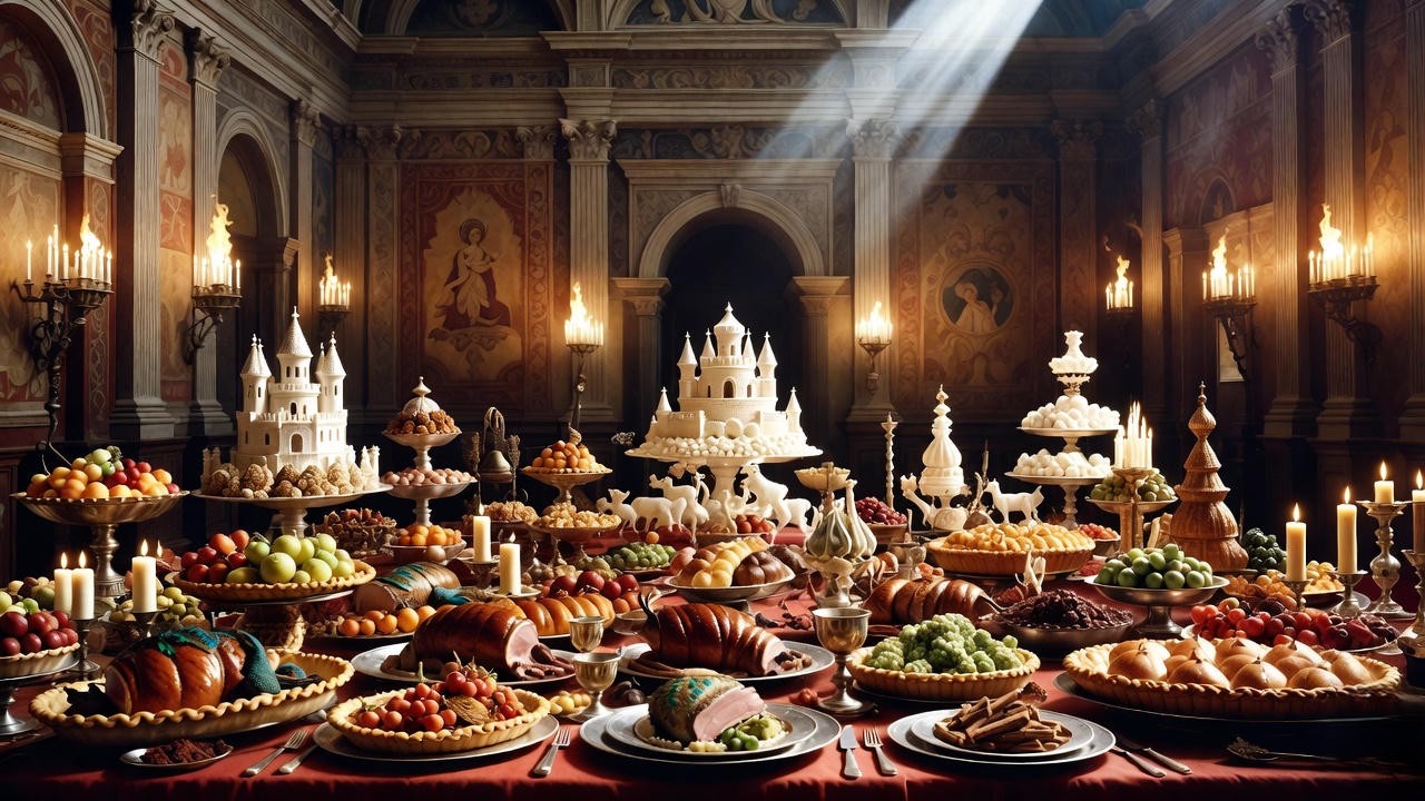 Opulent Renaissance Italian banquet table with roasted meats, pies, fruits, spices, and sugar sculptures in a grand hall.