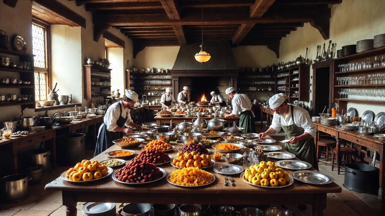Renaissance servants preparing wedding feast with dates, quinces, and pastry ingredients in a busy kitchen.