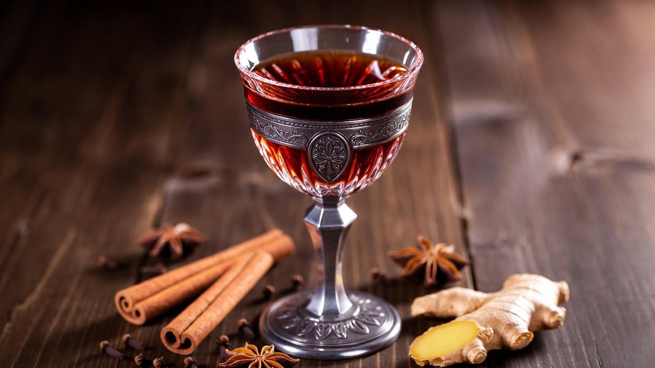 Spiced hippocras wine in a goblet with cinnamon, ginger, and cloves, Renaissance-inspired drink.
