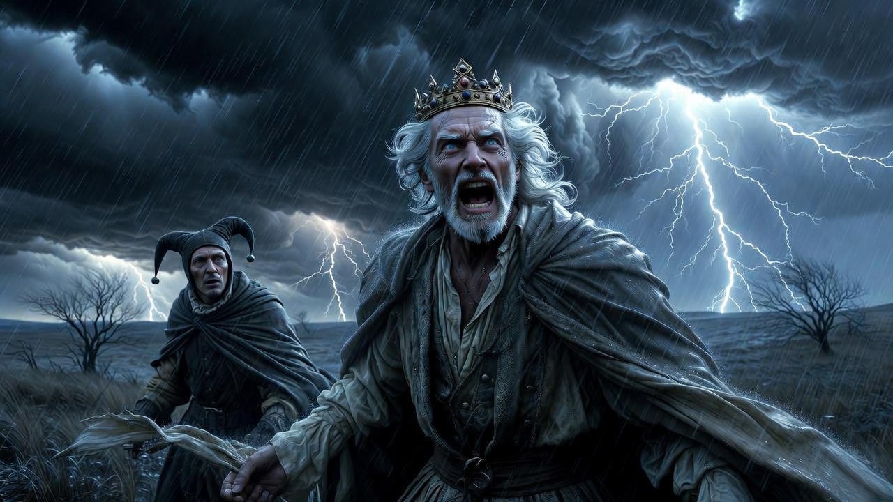 King Lear in the storm symbolizing isolation and separation in Shakespeare's tragedy