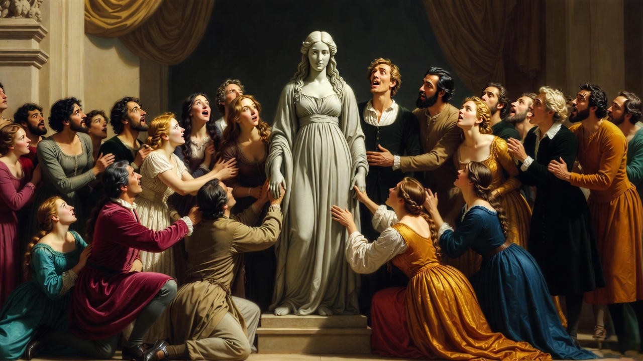 Hermione's statue awakening in The Winter's Tale depicting family reunion and unity in Shakespeare