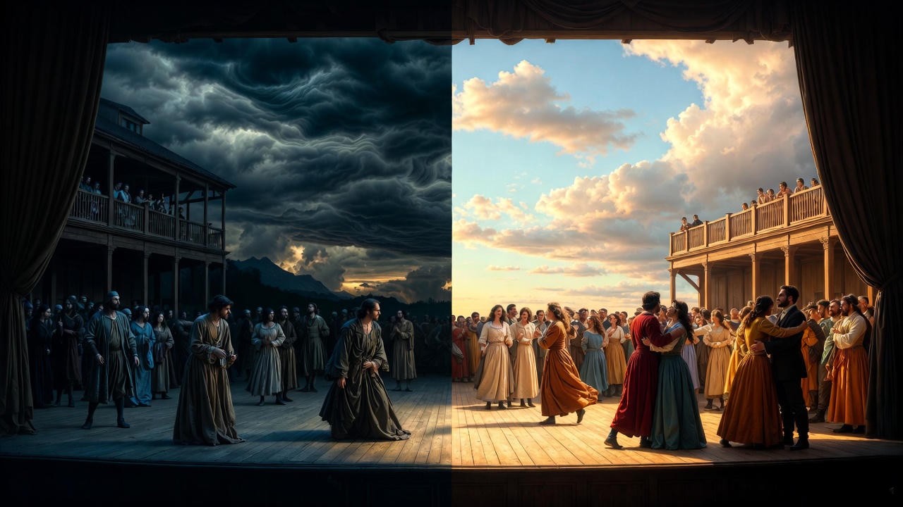 Symbolic contrast of separation and unity on a Shakespearean stage across tragedy and comedy genres