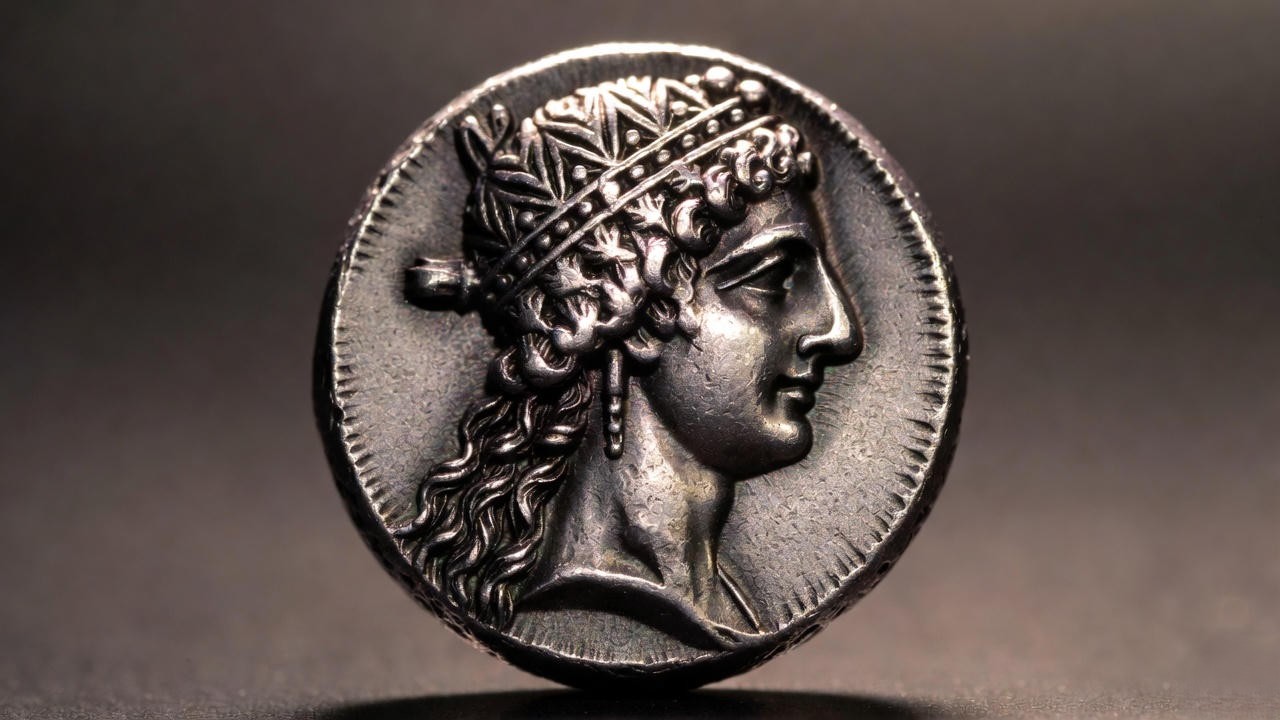 Ancient Ptolemaic coin portrait of Cleopatra VII showing realistic historical features including prominent nose and strong jaw.
