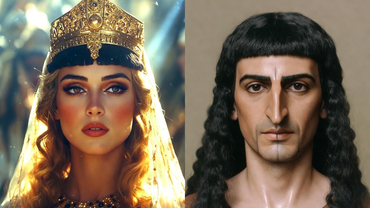 Side-by-side comparison of Shakespeare's mythic glamorous Cleopatra versus modern historical forensic reconstruction.