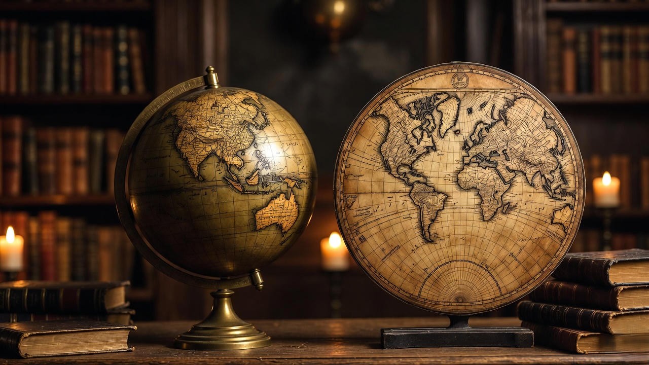 Historical contrast between a spherical terrestrial globe and a medieval flat Earth map, symbolizing Renaissance cosmology debates.
