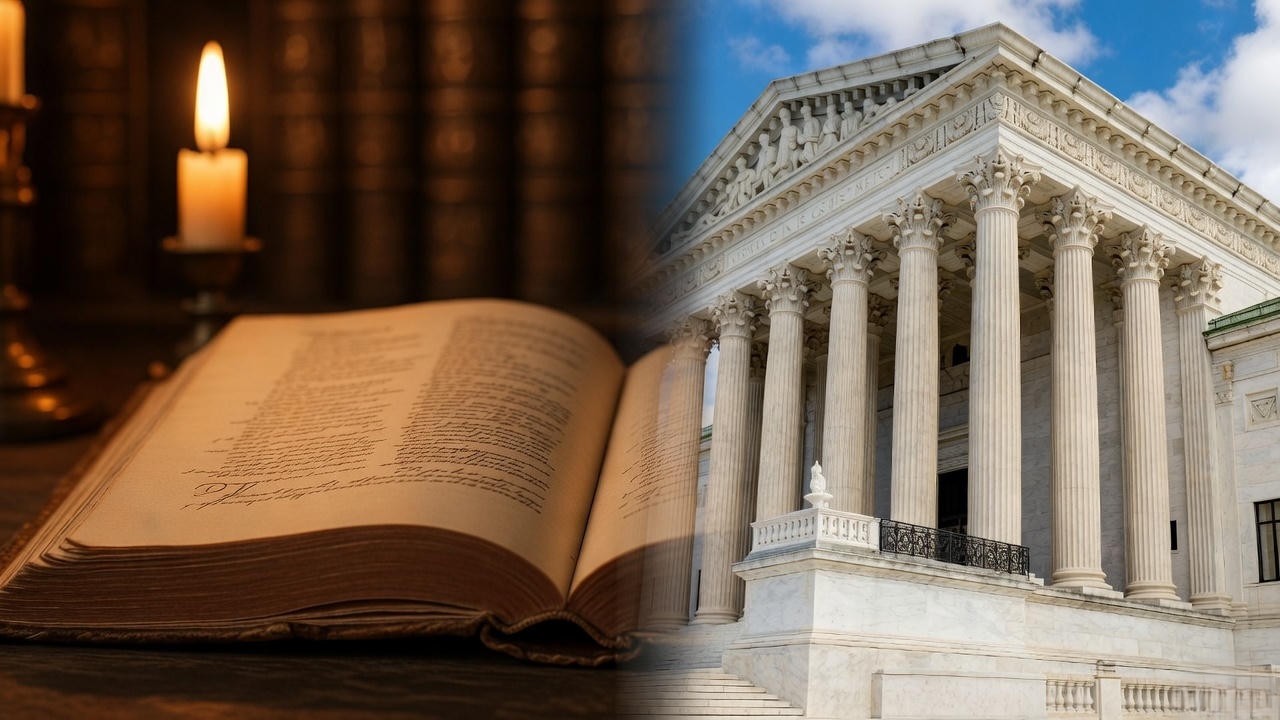 Symbolic blend of open Shakespeare book and courthouse representing Romeo and Juliet law origins