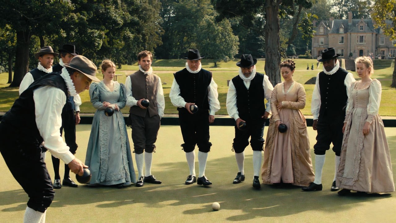 Historical illustration of Elizabethan lawn bowling on a grassy green, depicting players rolling biased wooden balls.