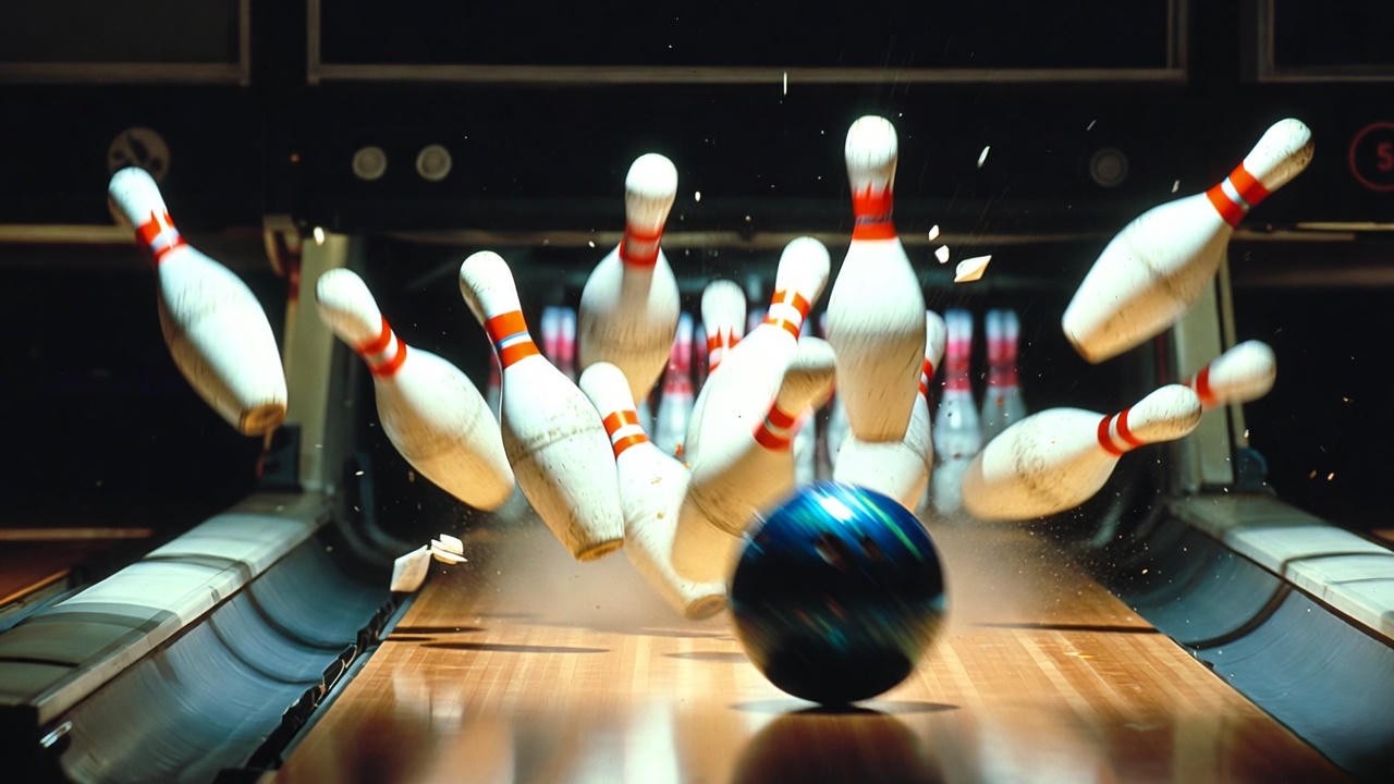 Explosive pin carry and strike action from a strong hook bowling ball on heavy oil conditions.