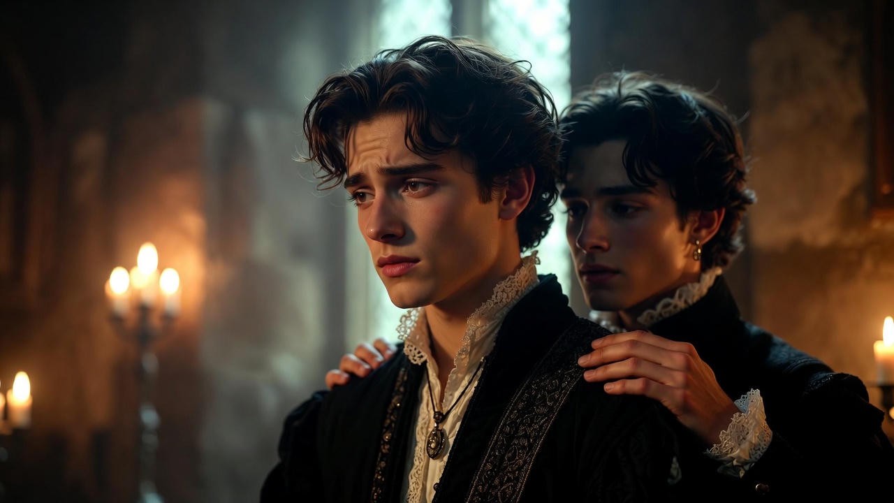 Hamlet and Horatio sharing a moment of loyal friendship in a candlelit chamber, illustrating enduring gold friendships in Shakespeare's plays